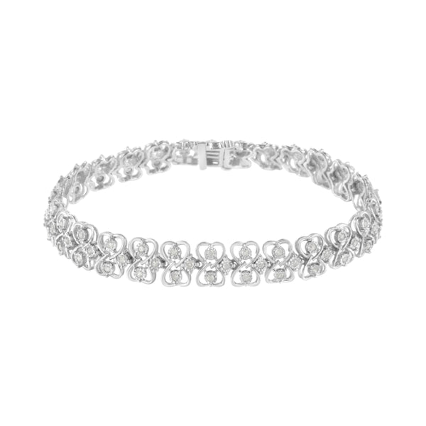 .925 Sterling Silver 1.0 cttw Round-cut Diamond 2-Row Heart Link Tennis Bracelet (I-J Clarity, I2-I3 Color) - Size 7"