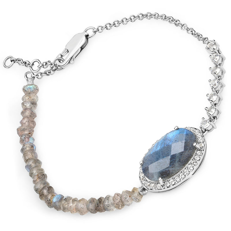 17.49 Carat Genuine Labradorite and White Topaz .925 Sterling Silver Bracelet