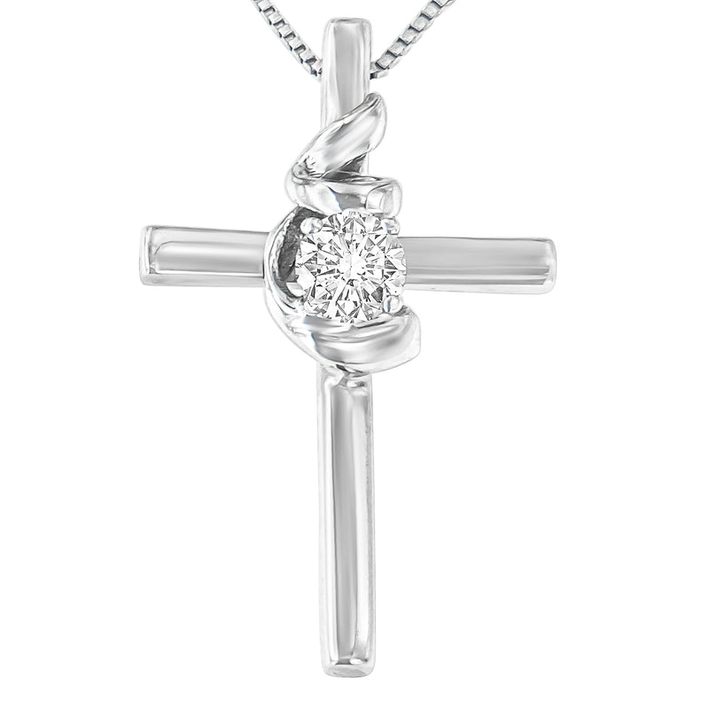 .925 Sterling Silver Prong Set Round-Cut Solitaire Diamond Accent Cross 18" Pendant Necklace (H-I Color, SI2-I1 Clarity)