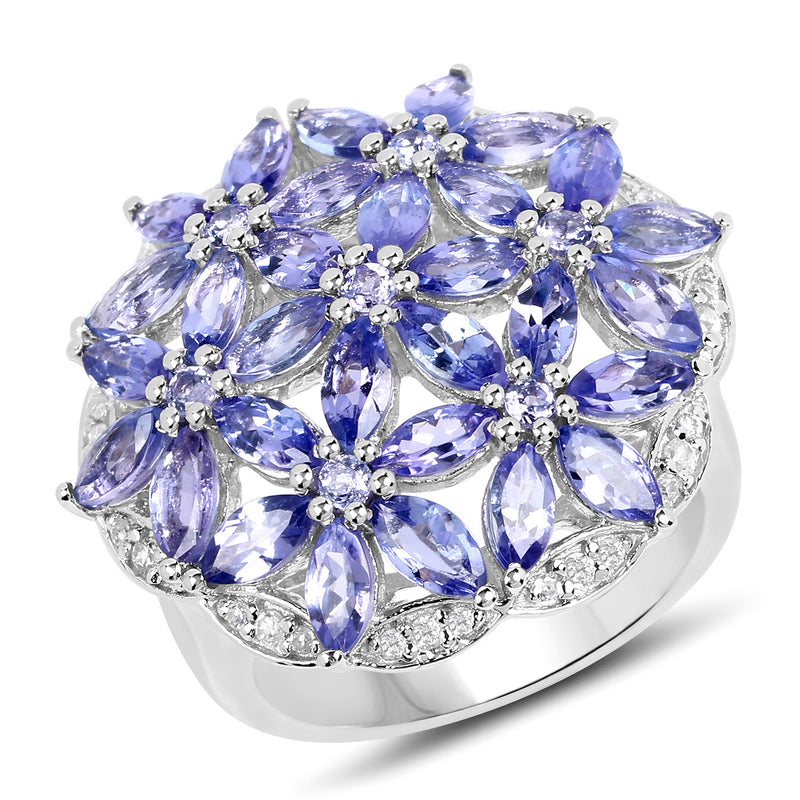 4.77 Carat Genuine Tanzanite and White Zircon .925 Sterling Silver Ring