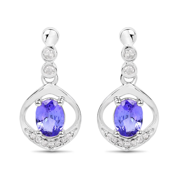 0.76 Carat Genuine Tanzanite and White Diamond 14K White Gold Earrings