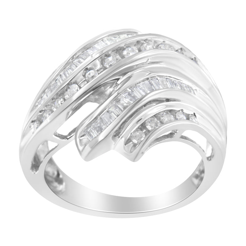 10K White Gold Round and Baguette Cut Diamond Channel Ring (3/4 Cttw, H-I Color, SI2-I1 Clarity) - Size 7