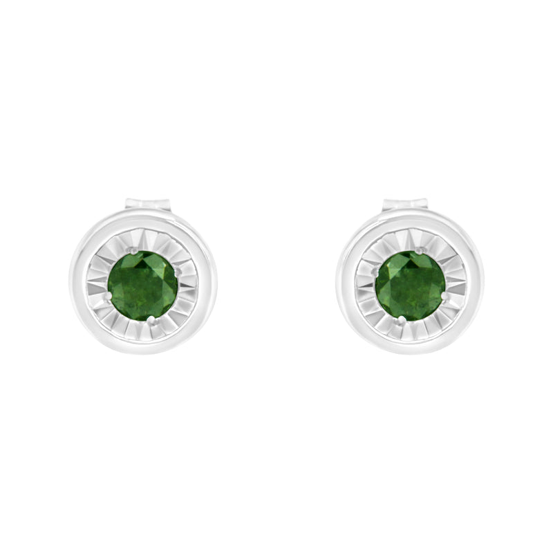 .925 Sterling Silver 1/4 Cttw Round Brilliant-Cut Green Diamond Miracle-Set Stud Earrings (Fancy Color-Enhanced, I1-I2 Clarity)