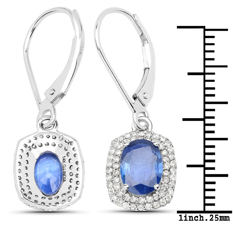 2.36 Carat Genuine Blue Sapphire and White Diamond 14K White Gold Earrings