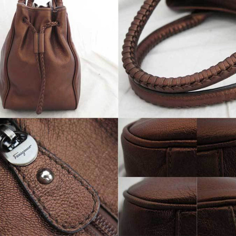 Salvatore Ferragamo Bag Metallic Brown Leather Tote Shoulder Ladies