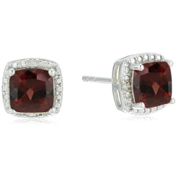 925 Sterling Silver Women Halo Cushion Stud Earring Red Garnet