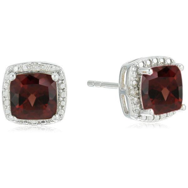 925 Sterling Silver Women Halo Cushion Stud Earring Red Garnet
