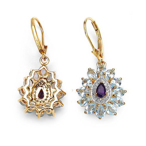 14K Yellow Gold Plated 4.92 Carat Genuine Amethyst, Blue Topaz & White Topaz .925 Sterling Silver Earrings