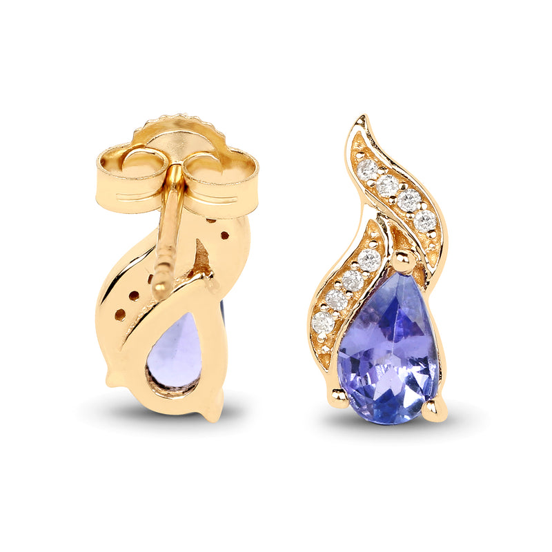 0.79 Carat Genuine Tanzanite and White Diamond 14K Yellow Gold Earrings