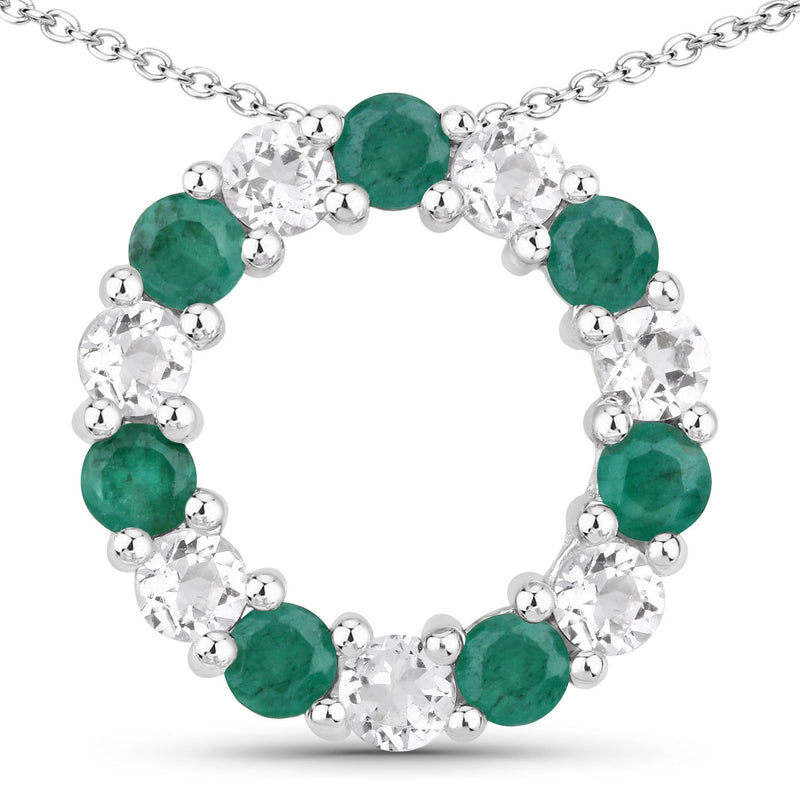 1.47 Carat Genuine Emerald and White Topaz .925 Sterling Silver Pendant