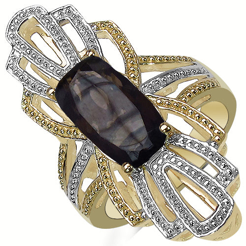 14K Yellow Gold Plated 3.73 Carat Genuine Smoky Quartz & White Diamond .925 Sterling Silver Ring