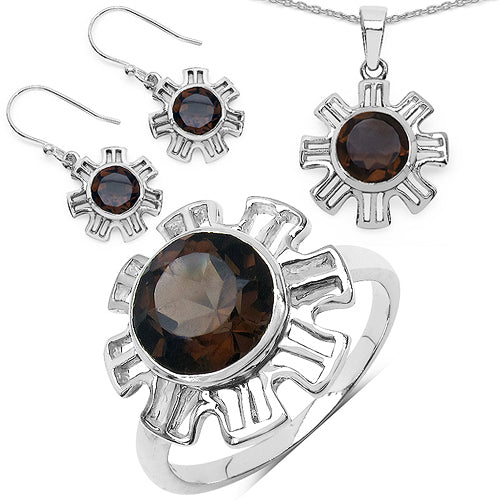 9.45 Carat Genuine Smoky Quartz .925 Sterling Silver Ring, Pendant and Earrings Set