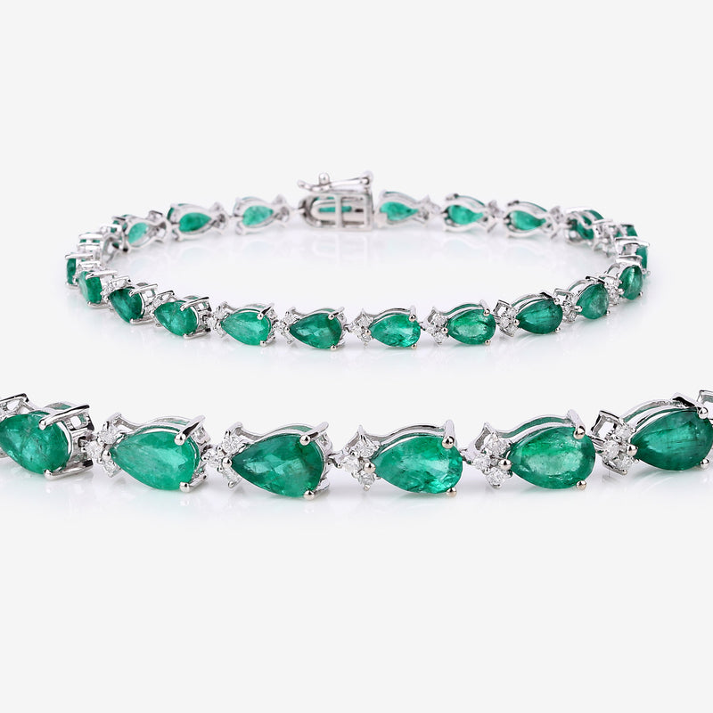 8.23 Carat Genuine Zambian Emerald and White Diamond 14K White Gold Bracelet