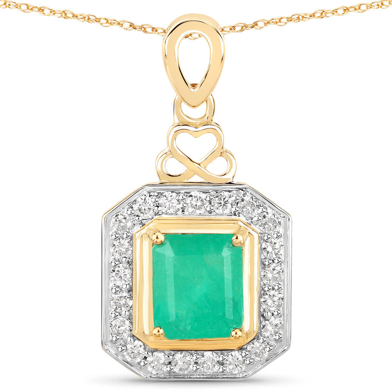 1.78 Carat Genuine Colombian Emerald and White Diamond 14K Yellow Gold Pendant