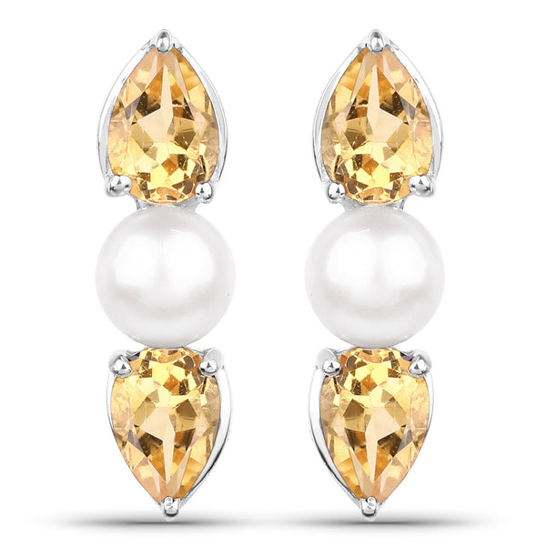 2.78 Carat Genuine Citrine and Pearl .925 Sterling Silver Earrings