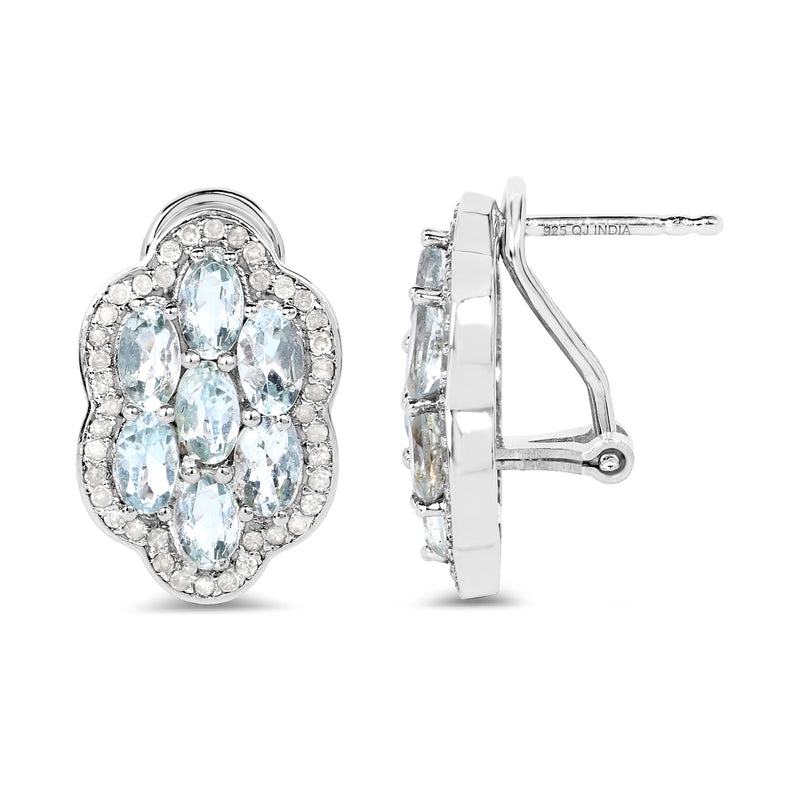 3.24 Carat Genuine Aquamarine And White Diamond .925 Sterling Silver Earrings