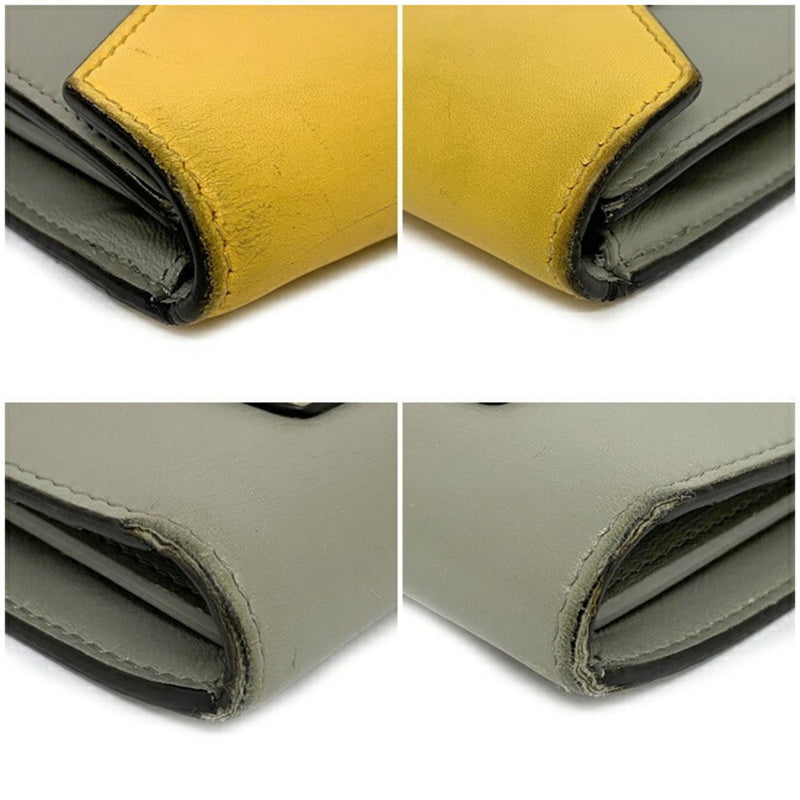 Celine Tri-Fold Wallet Trifold Multifunction Yellow Gray Beige 105853 Leather CELINE Calfskin Women's Genuine