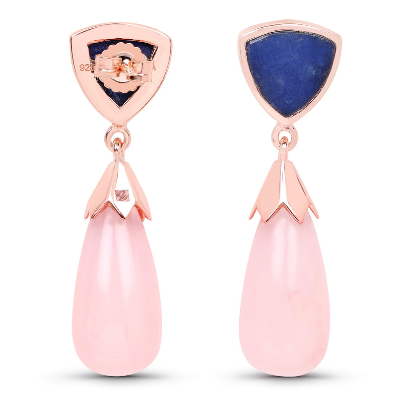 14K Rose Gold Plated 29.20 Carat Genuine Pink Opal & Blue Aventurine .925 Sterling Silver Earrings