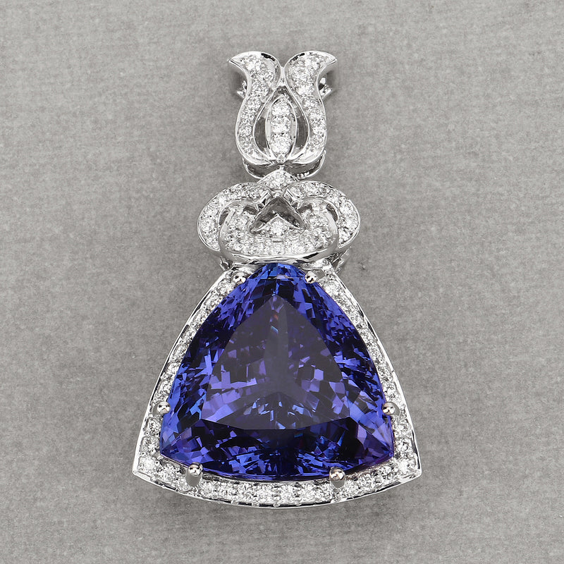 36.73 Carat Genuine Tanzanite and White Diamond 18K White Gold Pendant