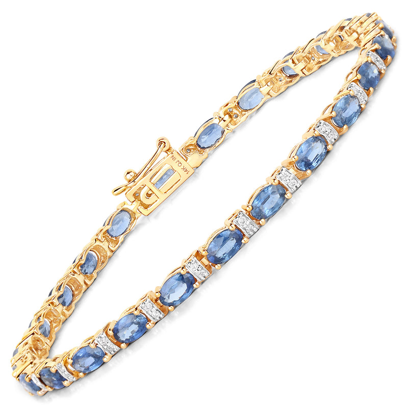 5.73 Carat Genuine Blue Sapphire and White Diamond 14K Yellow Gold Bracelet