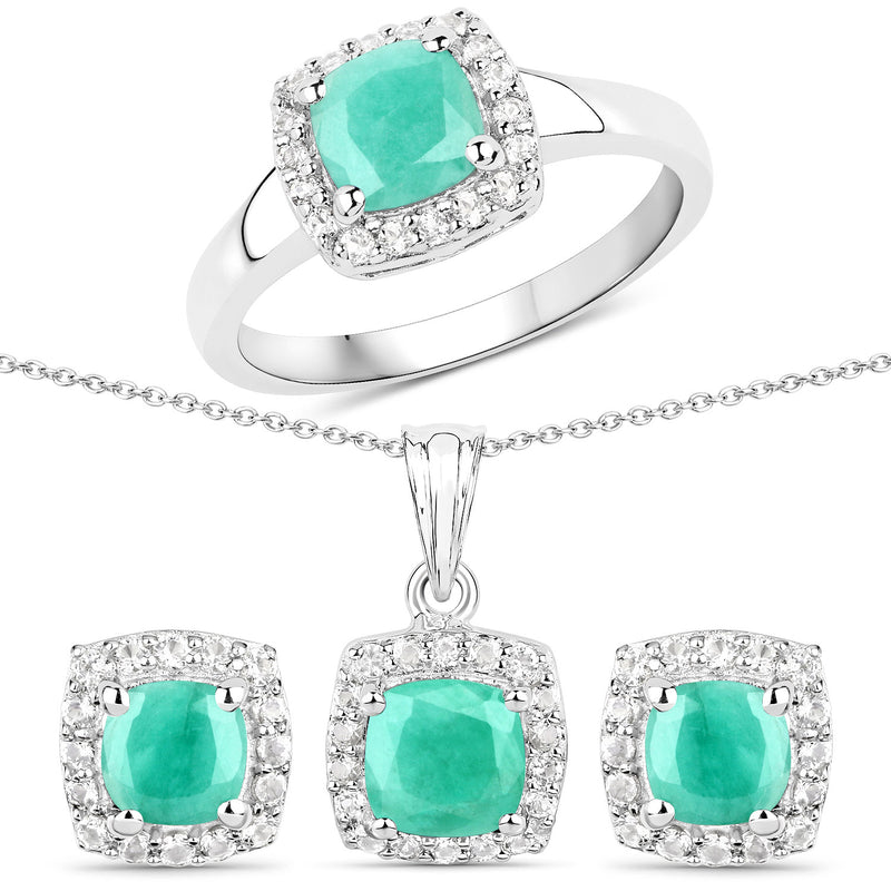 3.52 Carat Genuine Emerald and White Topaz .925 Sterling Silver 3 Piece Jewelry Set (Ring, Earrings, and Pendant w/ Chain)