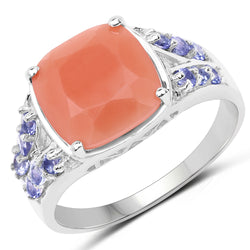 3.97 Carat Genuine Peach Moonstone and Tanzanite .925 Sterling Silver Ring