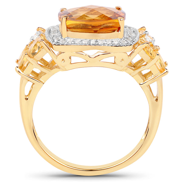 14K Yellow Gold Plated 4.23 Carat Genuine Citrine and White Topaz .925 Sterling Silver Ring