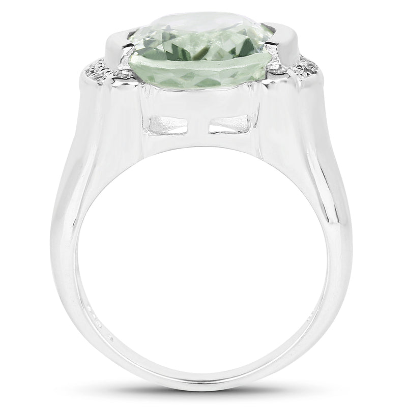 8.12 Carat Genuine Green Amethyst, White Topaz & White Diamond .925 Sterling Silver Ring