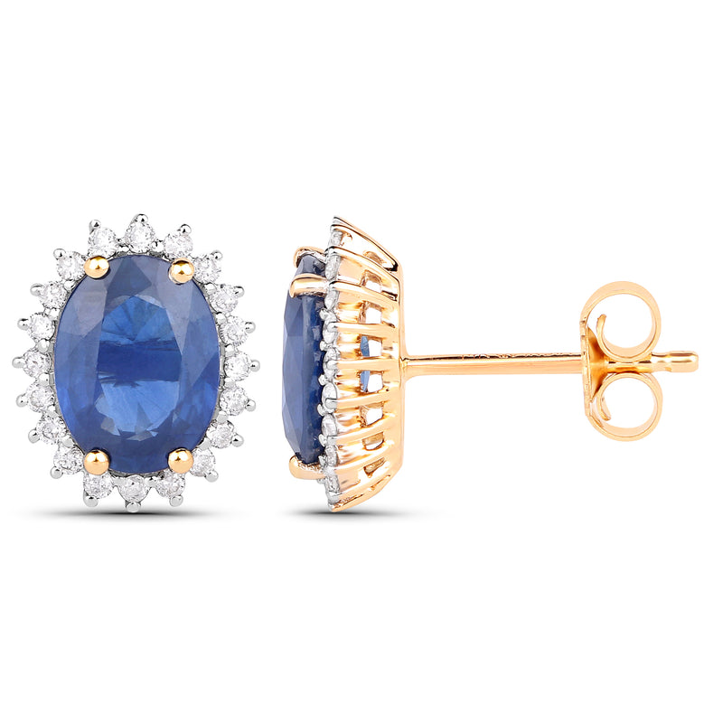 3.25 Carat Genuine Blue Sapphire and White Diamond 14K Yellow Gold Earrings