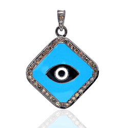 Studded Diamond Evil Eye Enamel Pendant Sterling Silver Handmade Jewelry