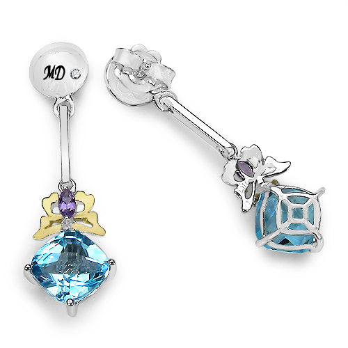 5.55 Carat Genuine Blue Topaz, Amethyst & White Diamond .925 Sterling Silver Earrings