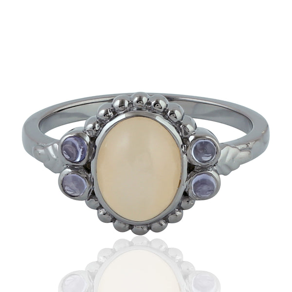Trendy Oxidized 925 Sterling Silver Bezel Set Moonstone Tanzanite Ring Jewelry