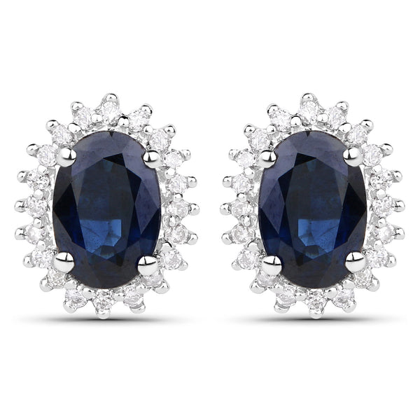 1.08 Carat Genuine Blue Sapphire and White Diamond 18K White Gold Earrings