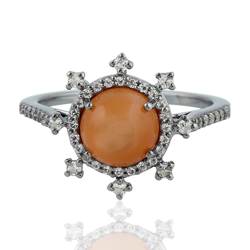 Peach Moonstone Starburst Cocktail Ring 925 Silver Jewelry