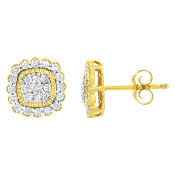 10K Yellow Gold Plated .925 Sterling Silver 1/2 cttw Round-Cut Diamond Halo Sunburst Stud Earrings (I-J Color, I2-I3 Clarity)