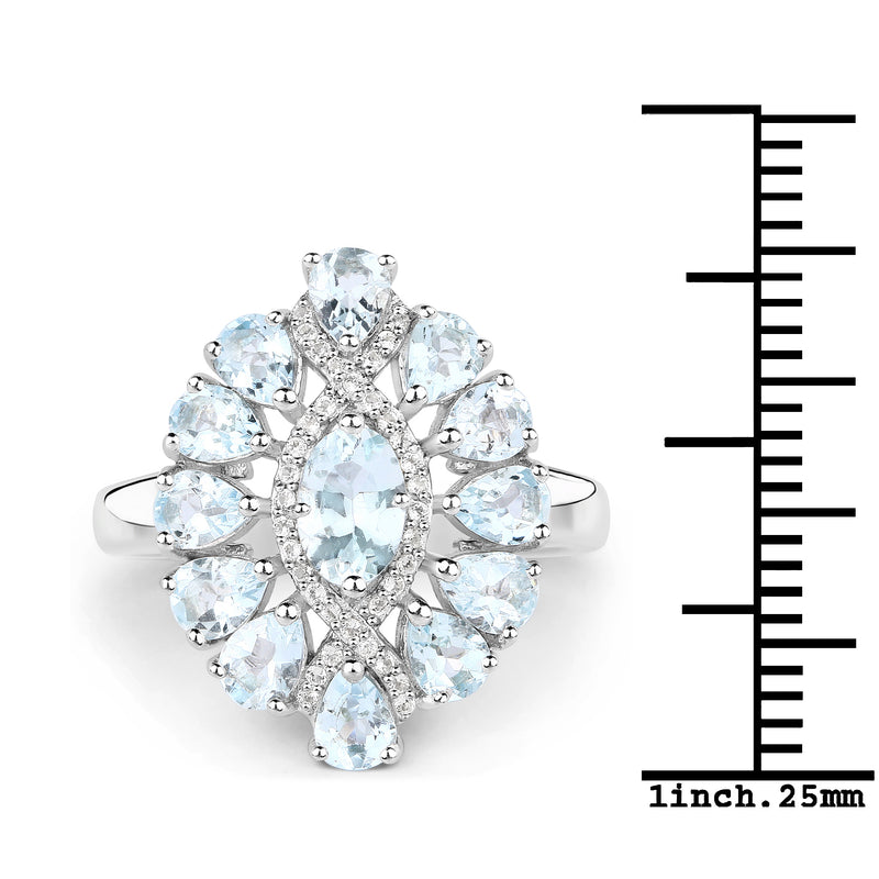 1.89 Carat Genuine Aquamarine and White Topaz .925 Sterling Silver Ring