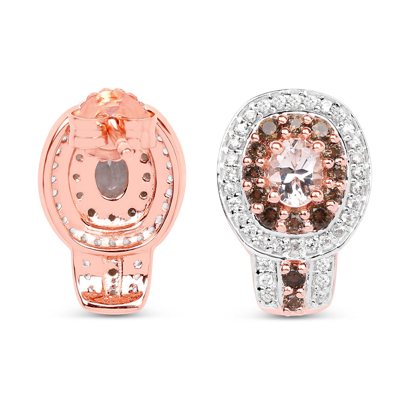 18K Rose Gold Plated 1.36 Carat Genuine Morganite, Smoky Quartz and White Zircon .925 Sterling Silver Earrings