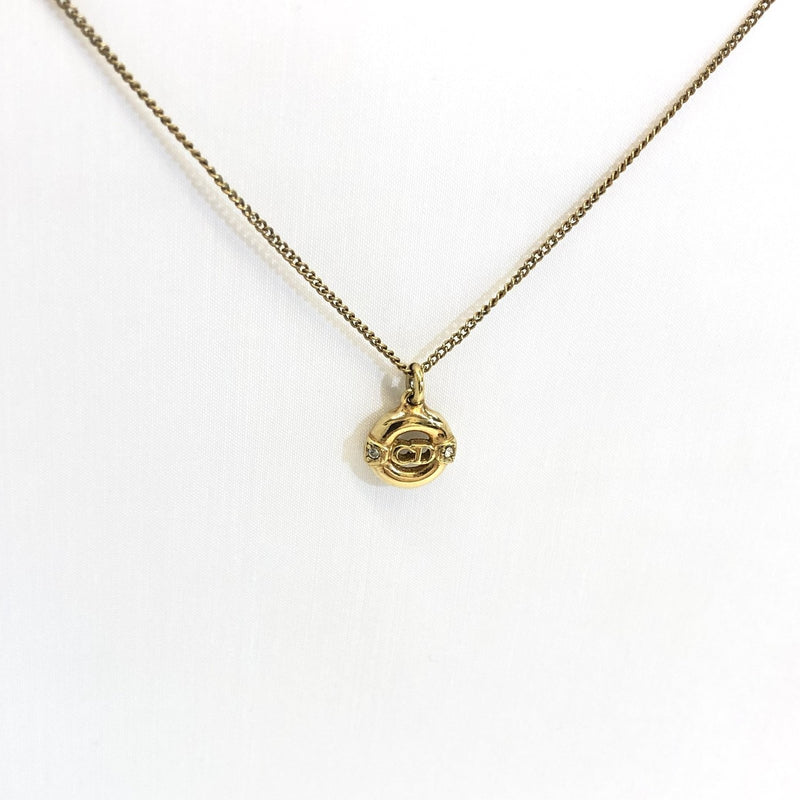 Christian Dior Necklace CD Rhinestone Round Plate Pendant Red Bean Chain Ladies