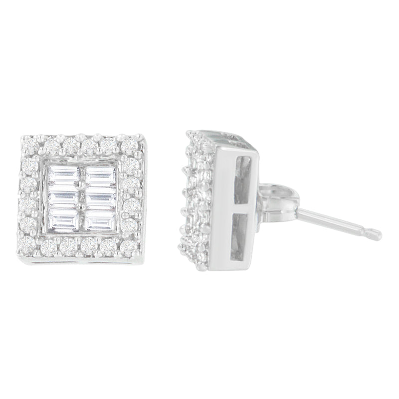 14K White Gold 1 cttw Round and Baguette Diamond Stud Earrings (H-I, SI1-SI2)