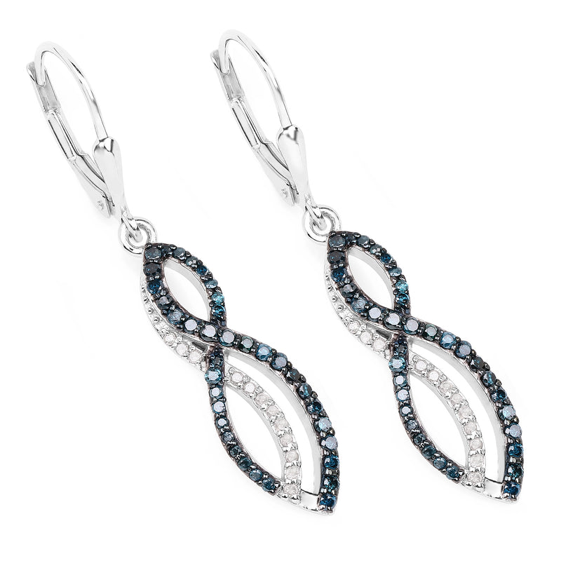 0.72 Carat Genuine White Diamond and Blue Diamond .925 Sterling Silver Earrings