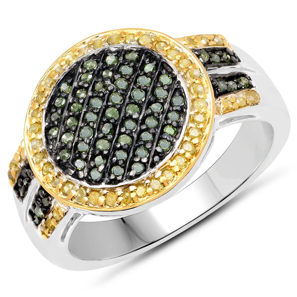 0.44 Carat Genuine Green Diamond and Yellow Diamond .925 Sterling Silver Ring