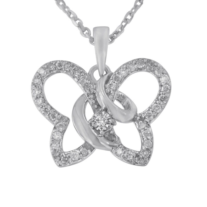 .925 Sterling Silver 1/4 cttw Prong-Set Diamond Butterfly 18" Pendant Necklace (H-I Color, I1-I2 Clarity)