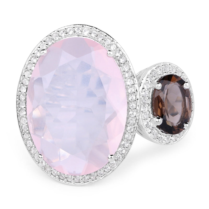 8.25 Carat Genuine Rose Quartz, Smoky Quartz And White Topaz .925 Sterling Silver Ring