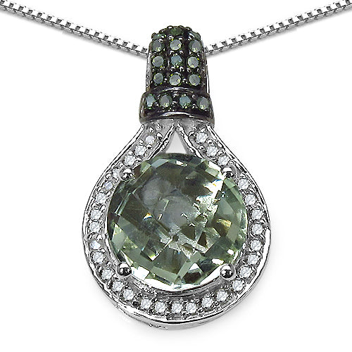 4.03 Carat Genuine Green Amethyst, Green Diamond & White Diamond .925 Sterling Silver Pendant