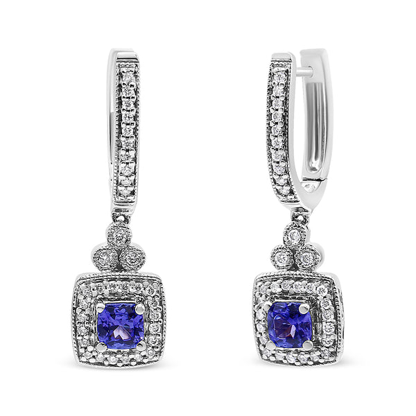 14K White Gold 4x4 mm Cushion Shaped Blue Tanzanite and 1/3 Cttw Diamond Halo 1" Inch Drop and Dangle Earrings (J-K Color, SI2-I1 Clarity)