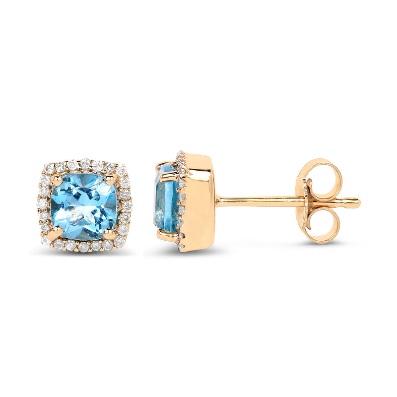 1.58 Carat Genuine Swiss Blue Topaz and White Diamond 14K Yellow Gold Earrings