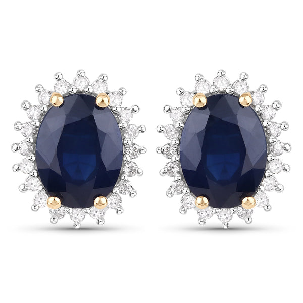 3.32 Carat Genuine Blue Sapphire and White Diamond 14K Yellow Gold Earrings