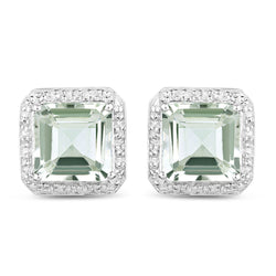 9.16 Carat Genuine Green Amethyst and White Diamond .925 Sterling Silver Earrings