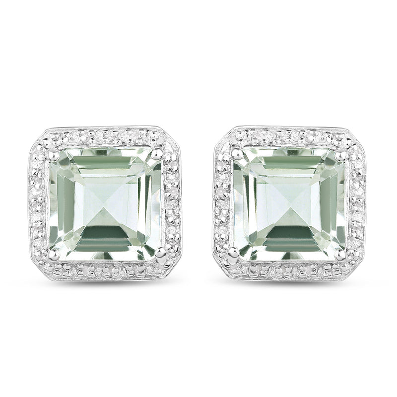 9.16 Carat Genuine Green Amethyst and White Diamond .925 Sterling Silver Earrings