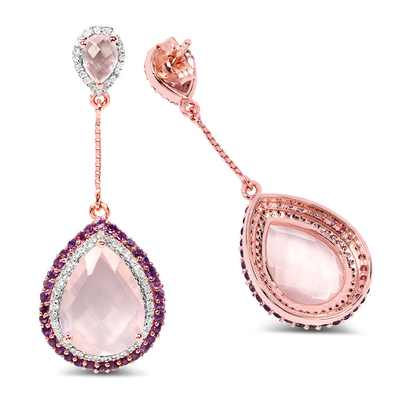 14K Rose Gold Plated 15.20 Carat Genuine Rose Quartz, Amethyst and White Topaz .925 Sterling Silver Earrings